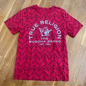 True Religion Red Shirt Big Buddha Logo Spell Out  Size S/P Red All Over Logo.